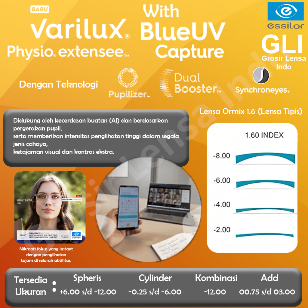 Lensa Progresif Essilor Varilux Physio Extensee Blue UV Capture Ormix 1.6 Crizal Rock / Sapphire / D