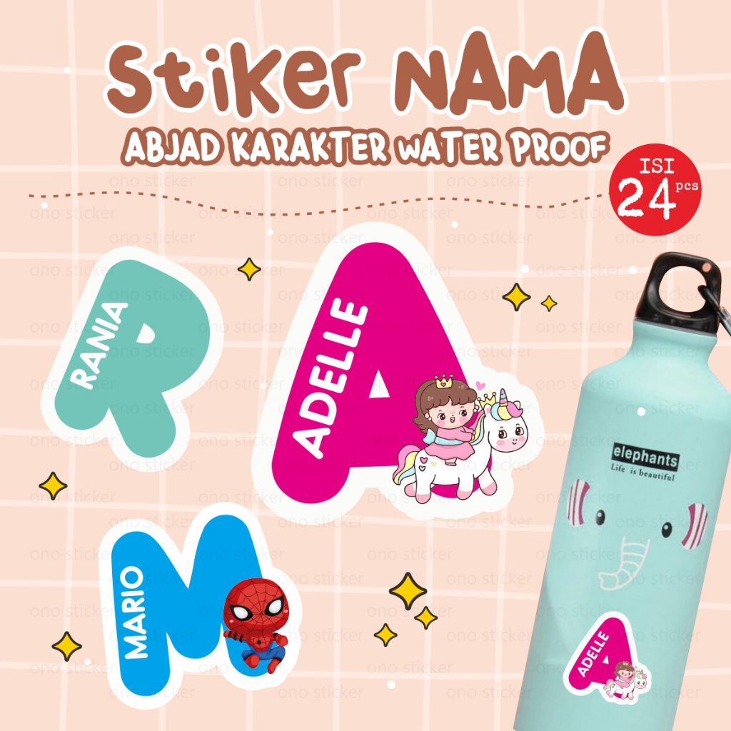 

Stiker Nama Waterproof Inisial | Stiker Abjad Karakter Tahan Air | Stiker Anak Sekolah Back To School | Sticker Custom