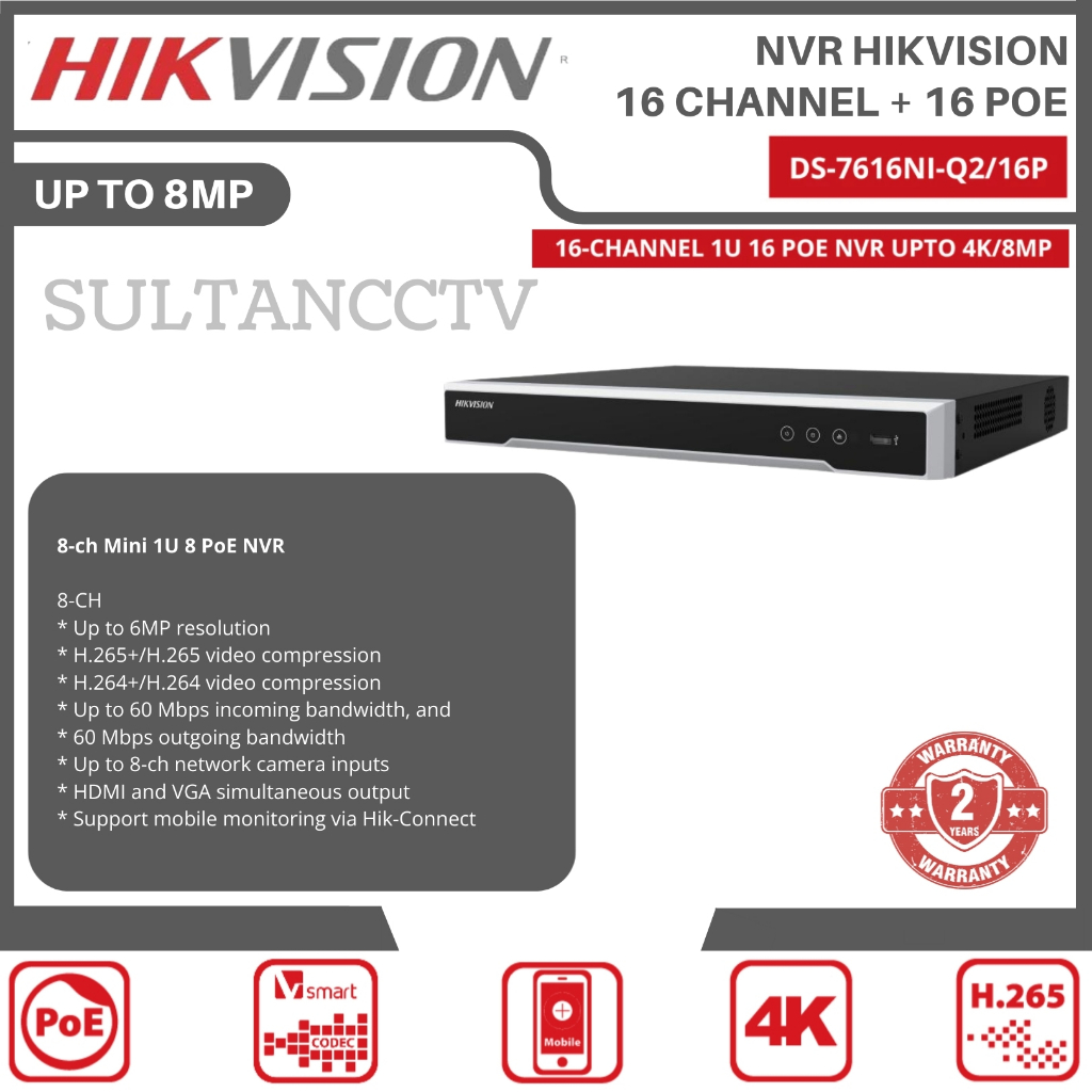 Nvr Hikvision 16 Channel 8mp Poe