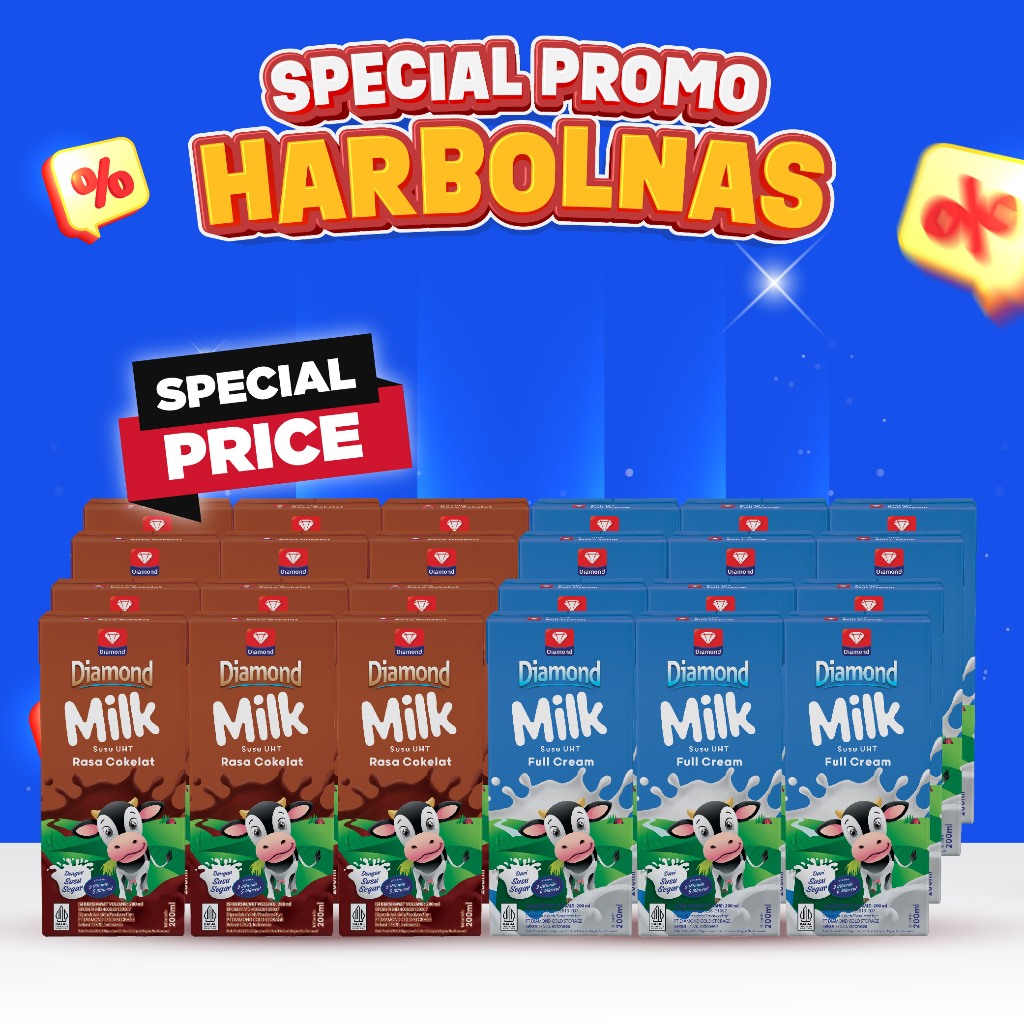 

DIAMOND UHT MILK 200 ML 1 KARTON MIX VARIANT (12 PCS COKELAT& 12 PCS FULL CREAM)