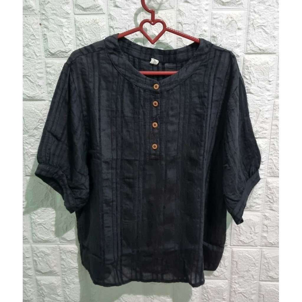 Blouse kancing lengan pendek/Baju wanita dewasa hitam
