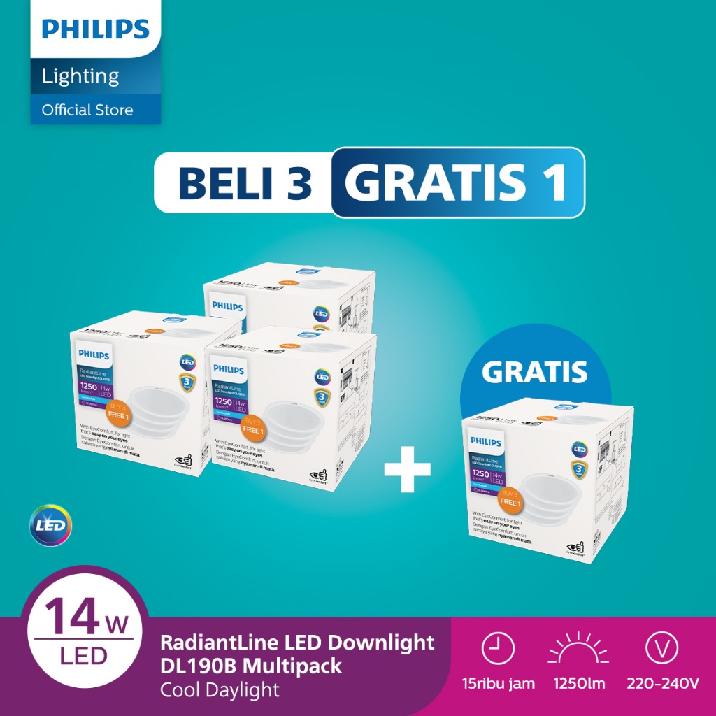 Beli 3 Gratis 1 Lampu Philips Radiantline Multipack Downlight DL190B D150 14W 65K Putih