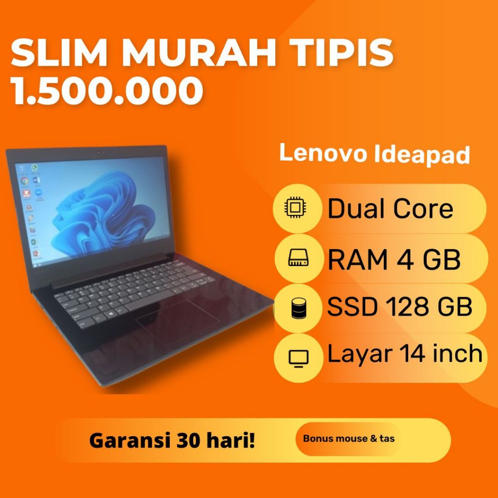 Laptop Lenovo Ideapad 130-14AST Slim Tipis AMD A4-9125 Dual Core RAM 4GB SSD 256GB Windows 10 Second