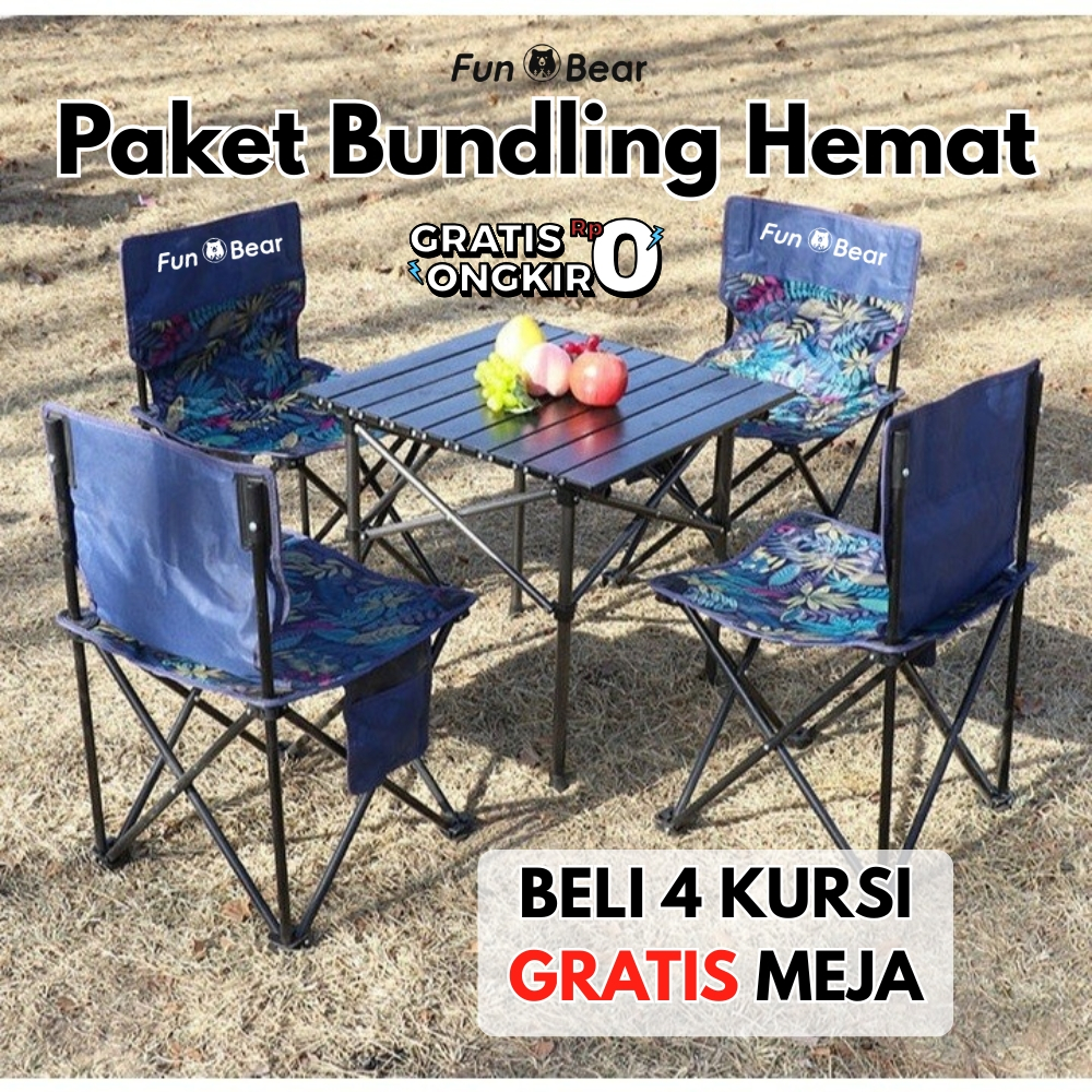 Bundling Paket Hemat Fun Bear: 4 Kursi Lipat Jumbo 2XL + Meja Lipat Portable Kecil - Set Meja Kursi 