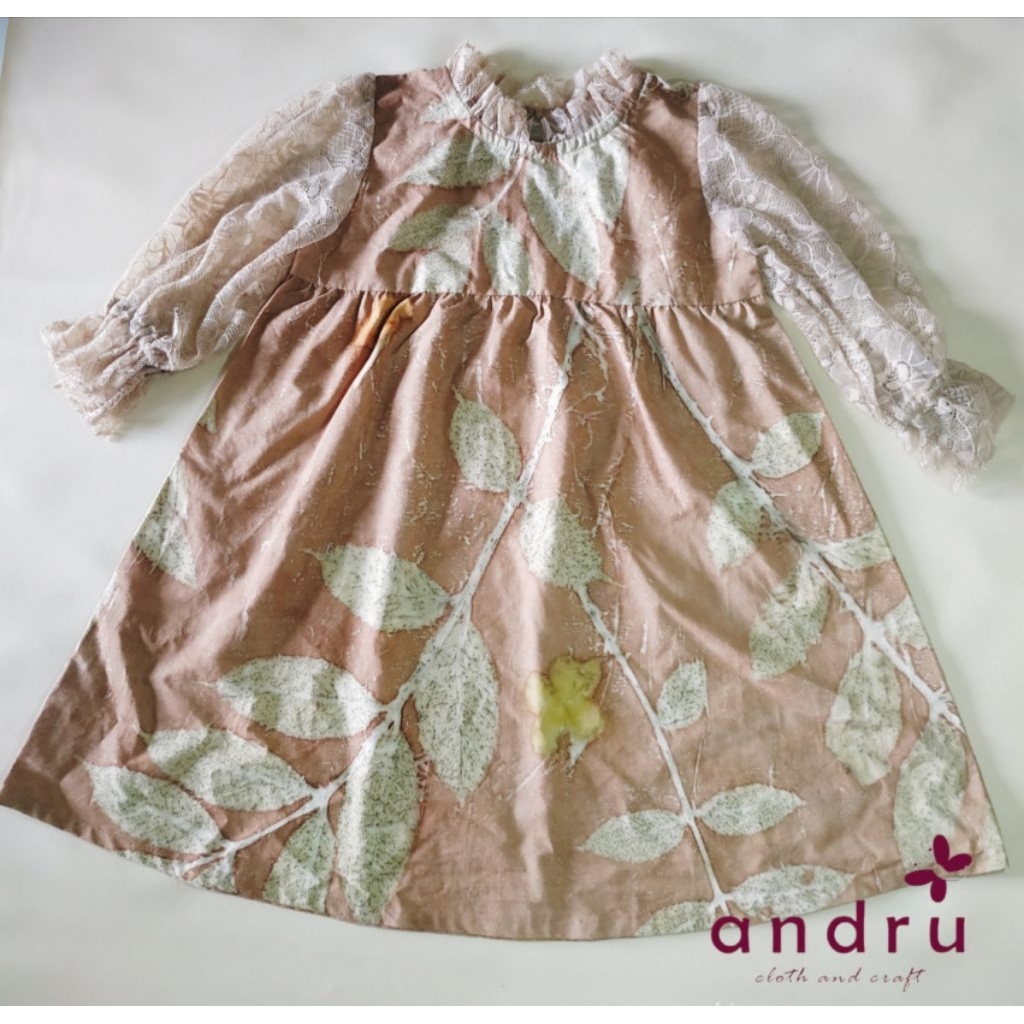 Dress Anak Motif Ecoprint Lengan Panjang Tulle Cantik