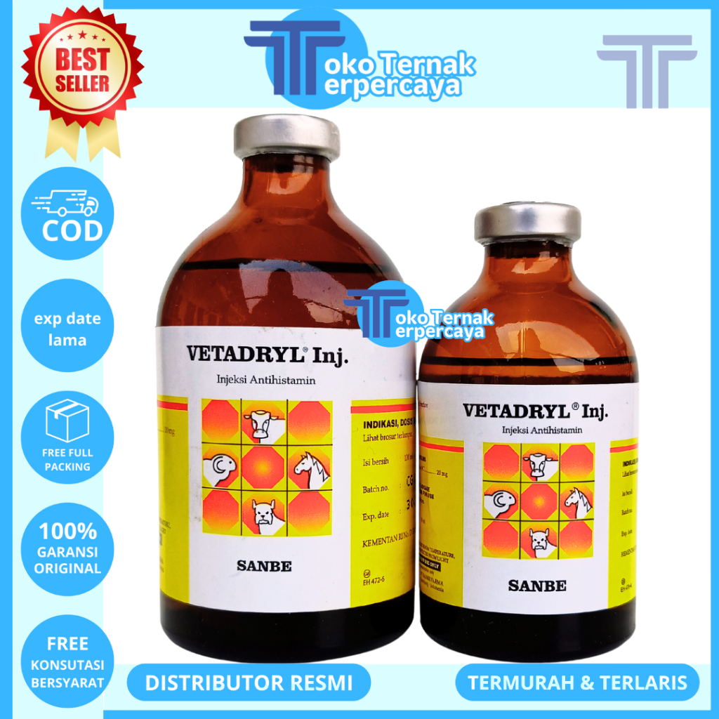 VETADRYL INJ 50ML VETADRYL INJ 100ML - Obat Hewan Antihistamin Ternak Sapi Kuda Kambing Babi Anjing