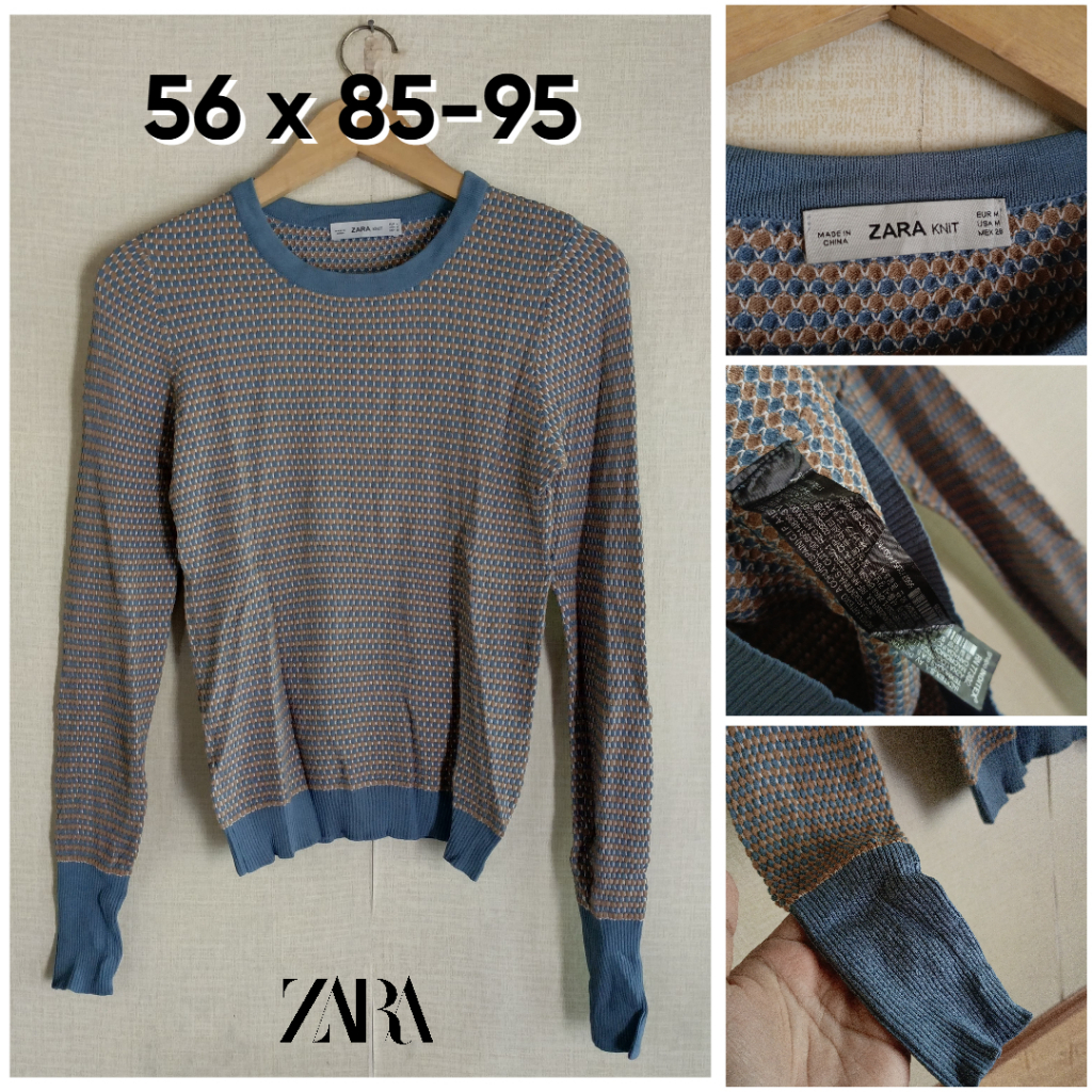 Sweater ZARA Knit Tweed Biru Denim Mix Coklat Size M Wanita Stretch OB102