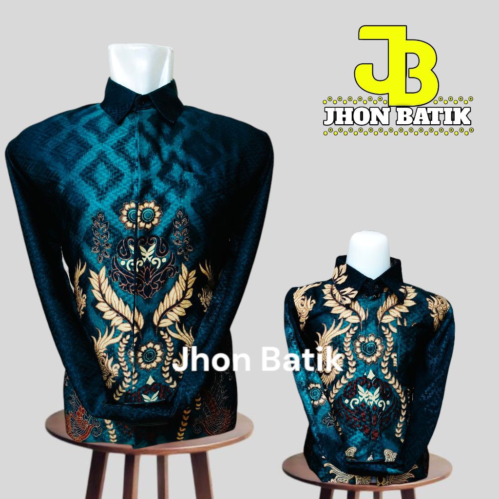 Batik Dobby Ayah Anak Warna Hijau Emerald Motif Elegan//batik kondangan//batik ayah anak//batik coup