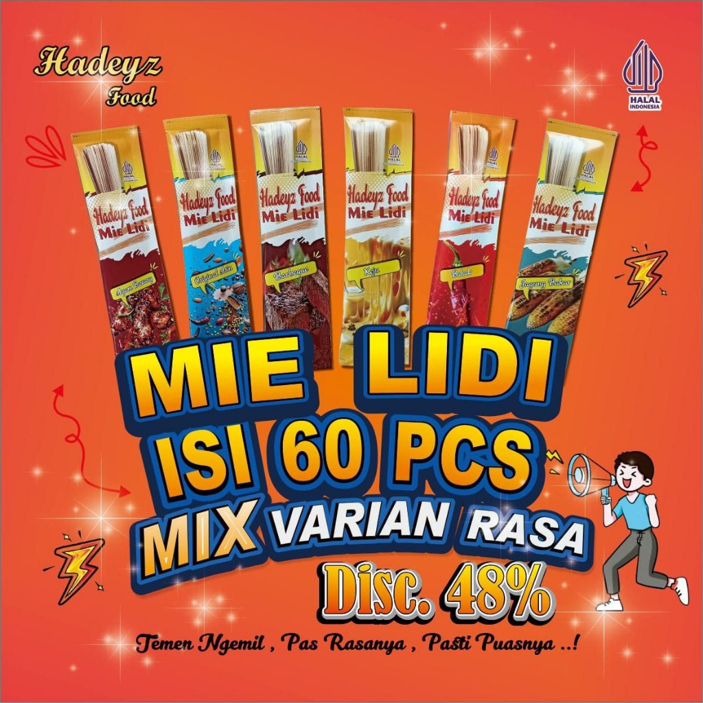

Paket Mie Lidi Kekinian 60 pcs – Komplit 6 Rasa! Cemilan Viral!