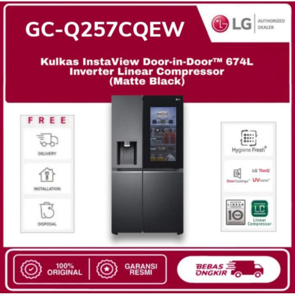 KULKAS LG SIDE BY SIDE 4 PINTU GC-Q257CQEW KULKAS LG INSTA VIEW DOOR IN DOOR SMART INVERTER KULKAS L