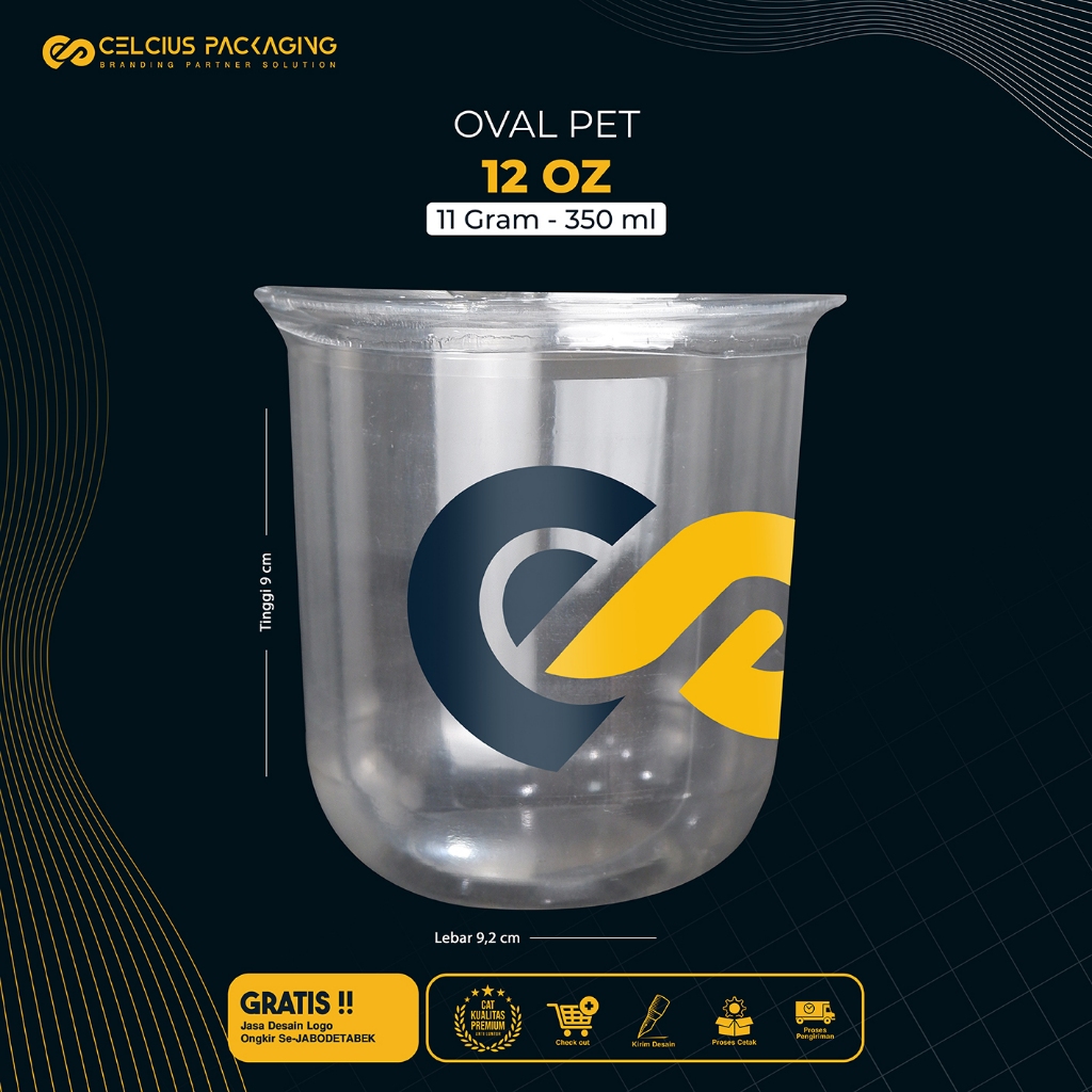 Sablon Cup Gelas Plastik Oval PET 12 oz 11gr + Tutup