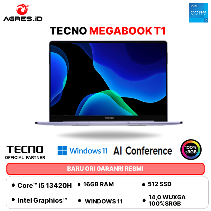 TECNO MEGABOOK T1 14 I5 13420H 16GB 512GB W11+OFFICE PERMANEN 14.0WUXGA 100SRGB 1.39KG 2Y SILVER
