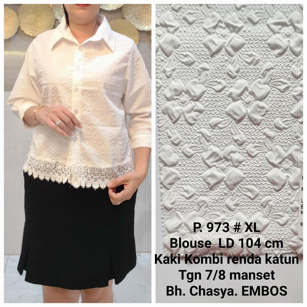 BLOUSE KEMEJA PUTIH LENGAN 7/8 BAHAN CASYA EMBOS MIX BROKAT KANCING DEPAN KHUSUS PUTIH LD 104 SIZE X
