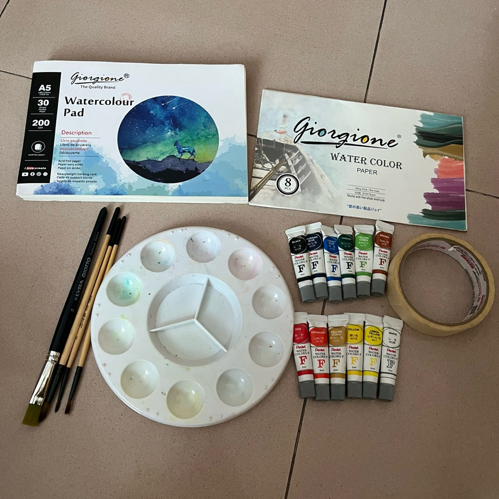 

watercolor set pemula 12 pcs cat pentel palette masking tape kertas 30 pcs 200 GSM 4 kuas