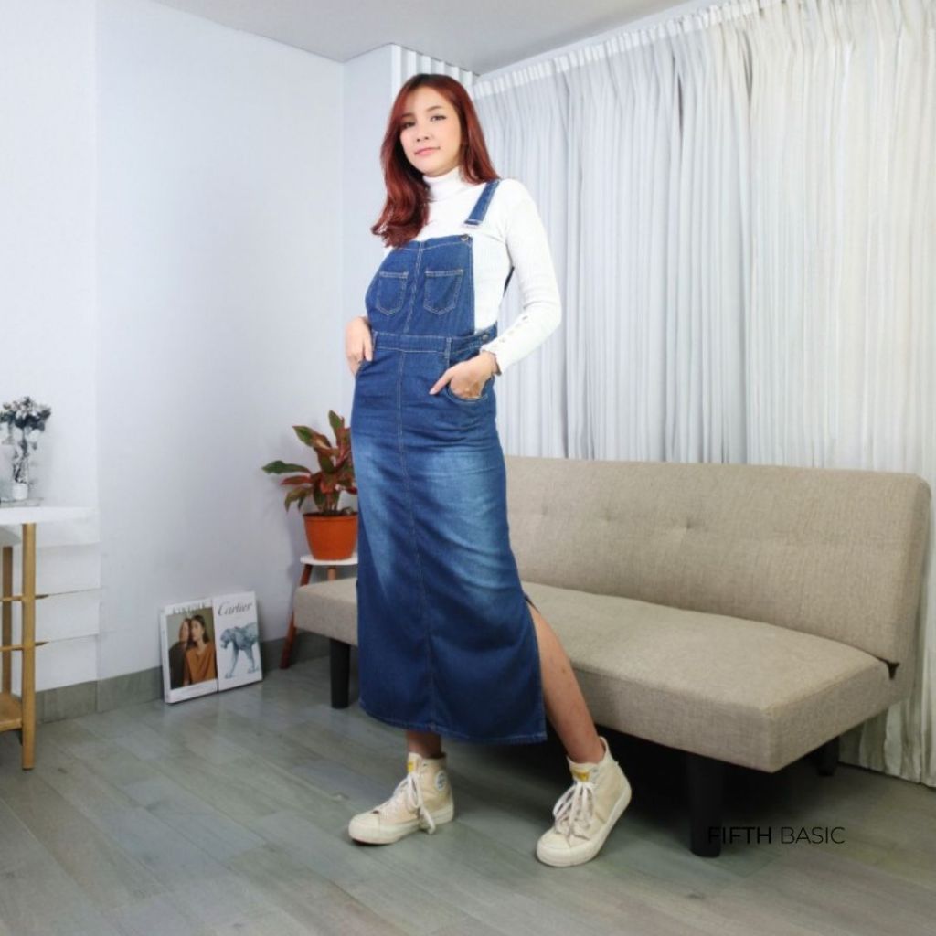 FIFTH BASIC Overall Rok Wanita Panjang Amy - Overall Kantong 2 Midi Dress Oversize Casual Kekinian R