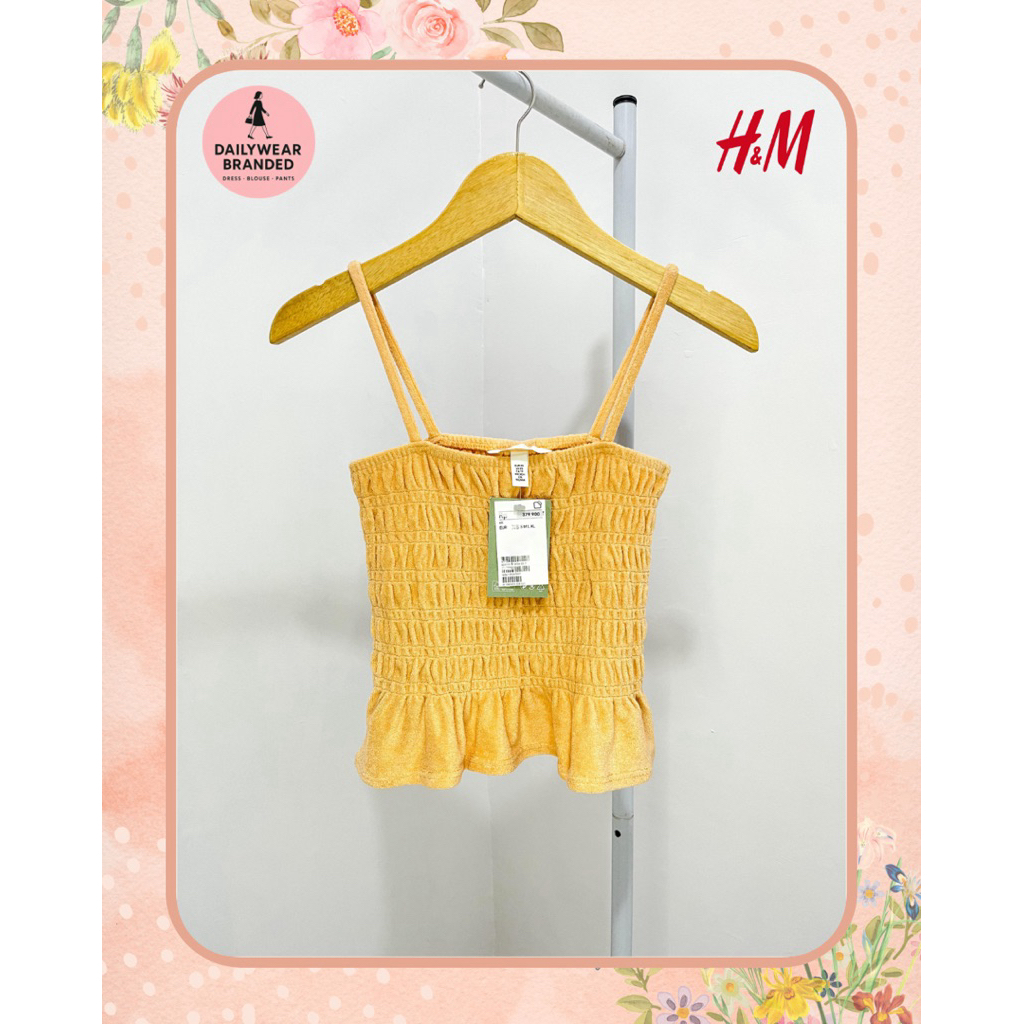 HNM ORIGINAL SMOCKED TERDY CAMISOLE TANK TOP YELLOW ORANGE ATASAN BARU KUNING OREN