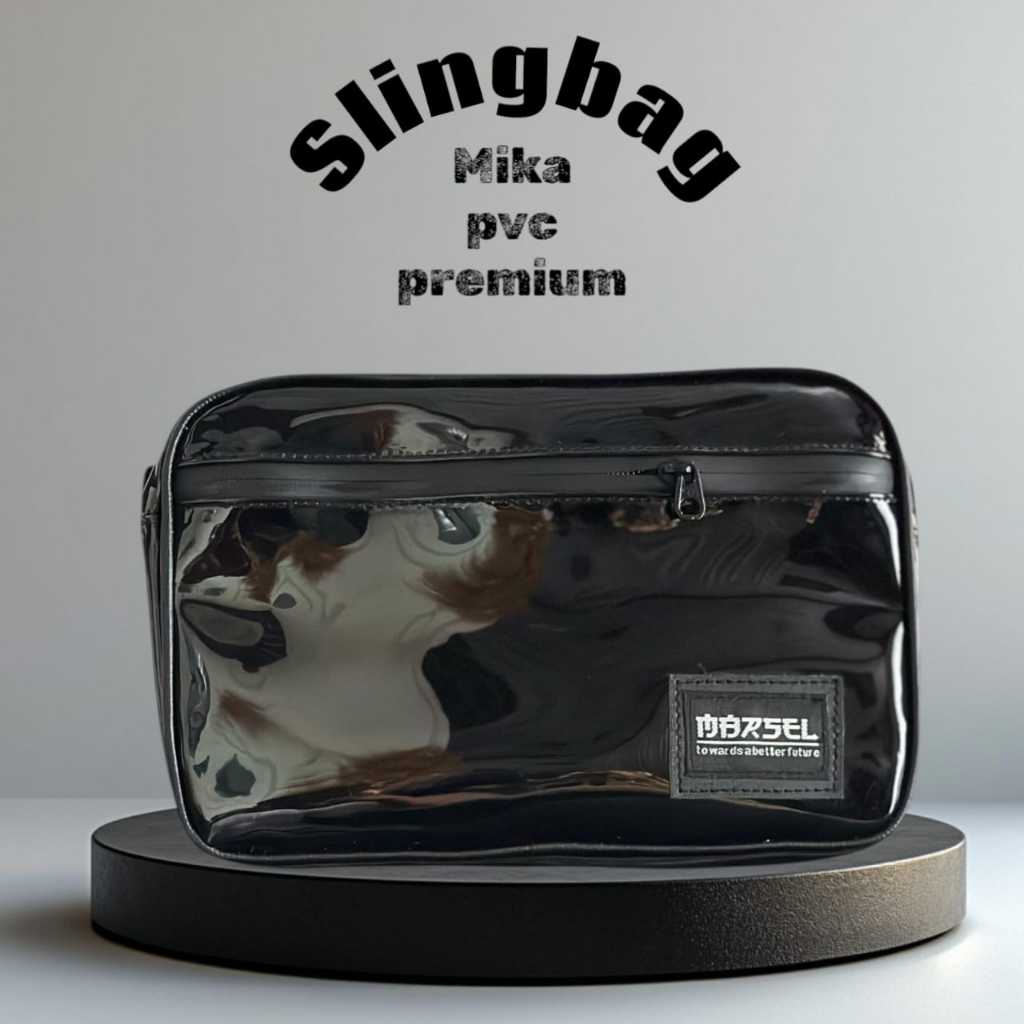 Tas selempang mika hitam pvc tas mika 0.6 tas slingbag cewe cowo unisek