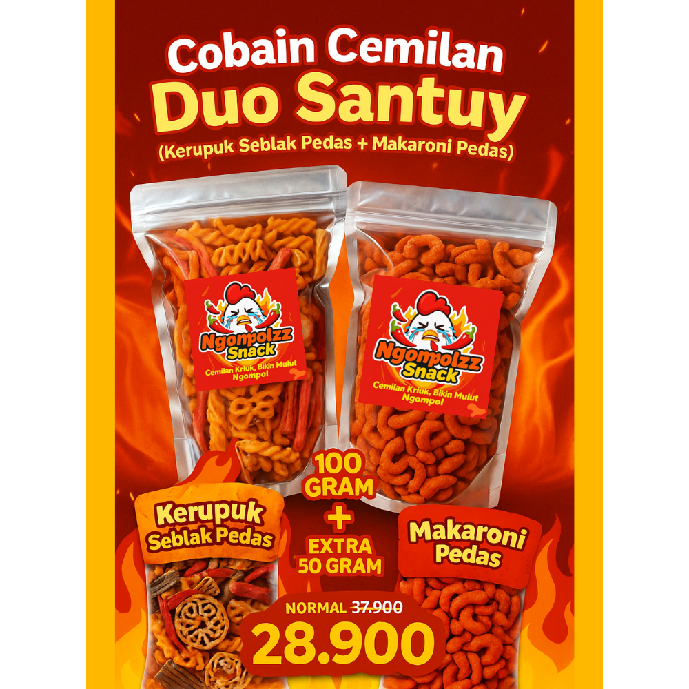 

Ngompolzz Bundling Duo Santuy - Kerupuk Seblak+Makaroni Cikruh - 100 gram Extra 50 GRAM - Snack Pedas Krispi Viral Hemat Kekinian