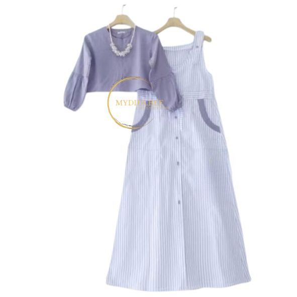 Evelyn set kids crinckle combi katun salur-setelan dress anak prempuan 3-12thn terbaru 2025