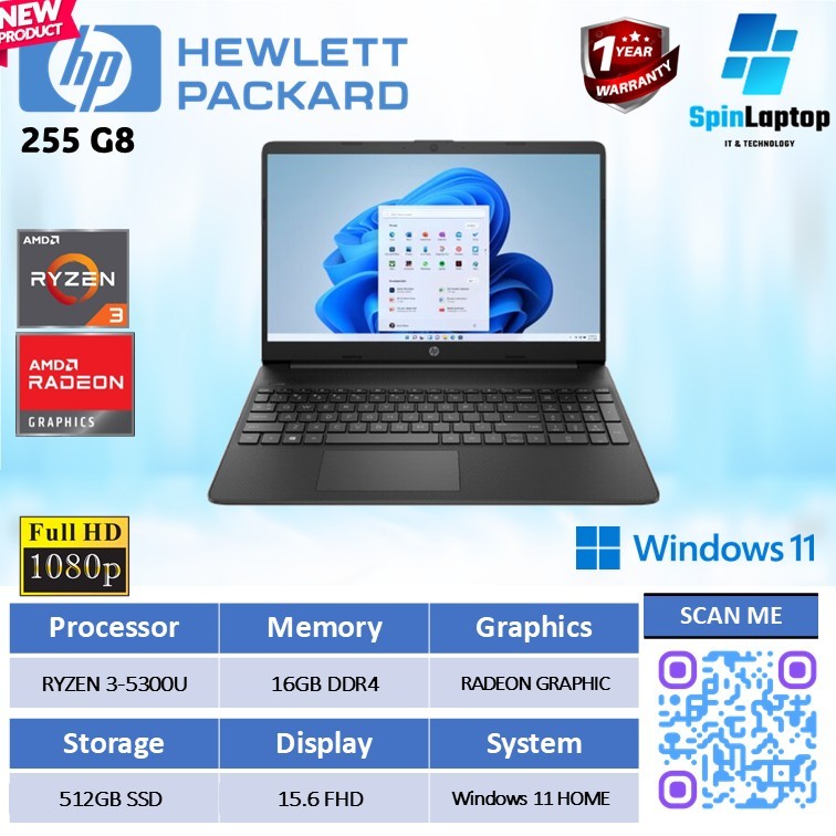 Laptop HP 255 G8 15 inch RYZEN 3-5300 RAM 16GB SSD 512GB Windows 11 Layar 15.6" FHD