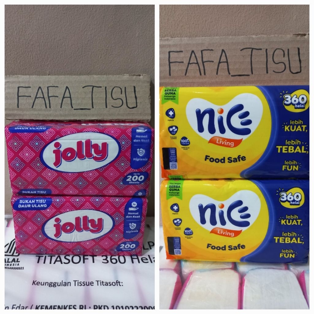 Paket 4pcs Bundling Tisu Jolly 2ply 200sheet 2pack dan Nice 2ply 360helai 2pack Ekonomis Facial Tiss
