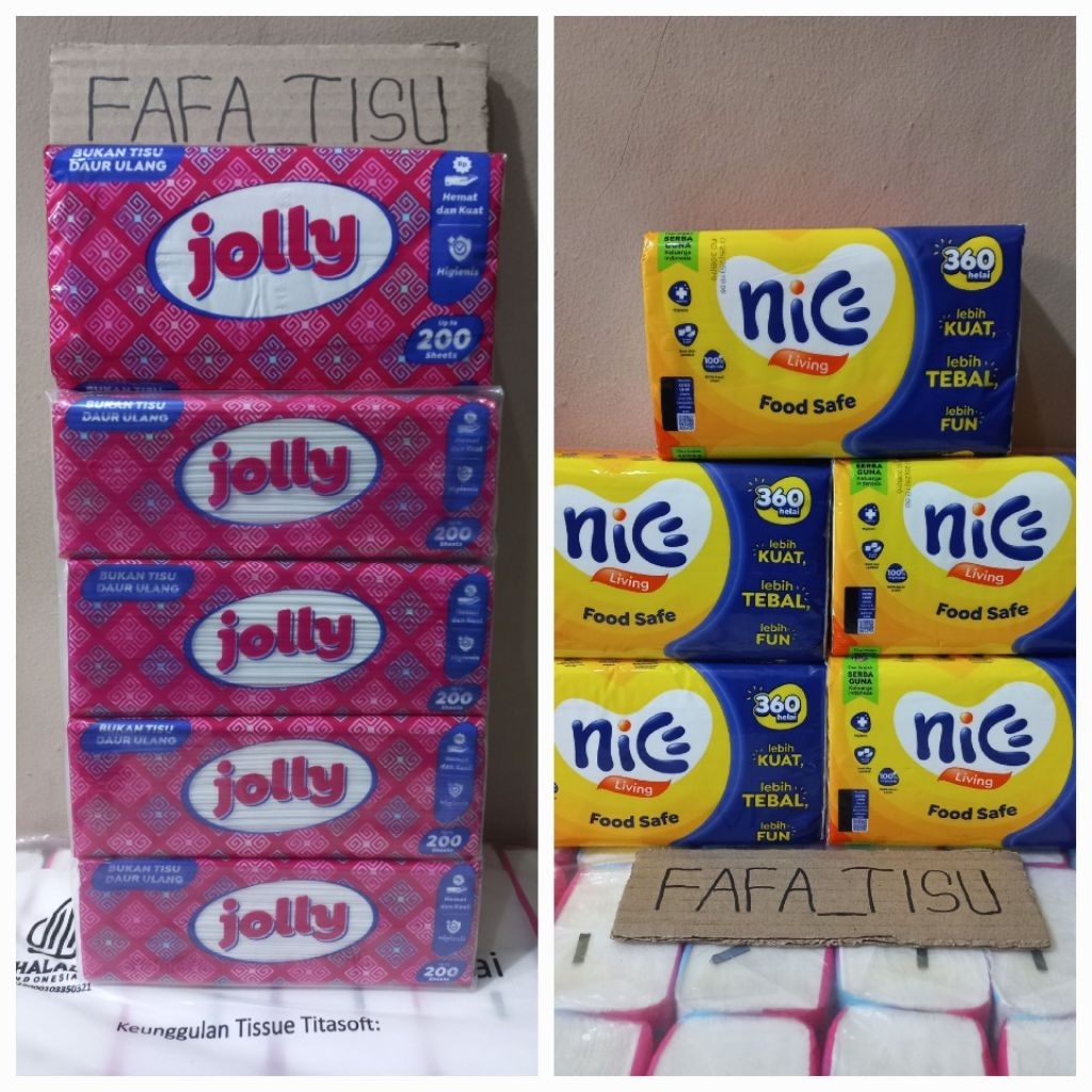 Paket 10pcs Bundling Tisu Jolly 2ply 200sheet 5pack dan Nice 2ply 360helai 5pack Ekonomis Facial Tis