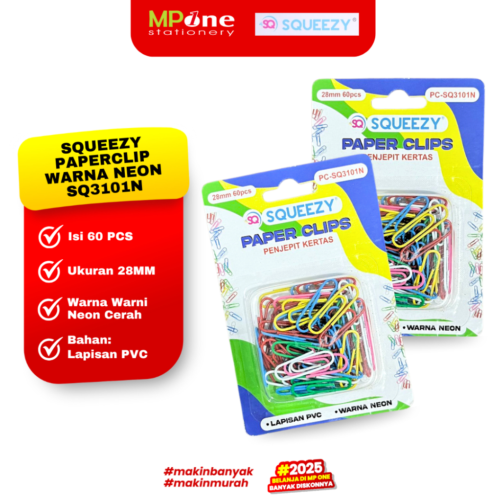 

(1 PACK) Squeezy Paperclip Warna Neon SQ3101N / Penjepit Kertas Warna Isi 60pcs Paperclip Kertas Squeezy