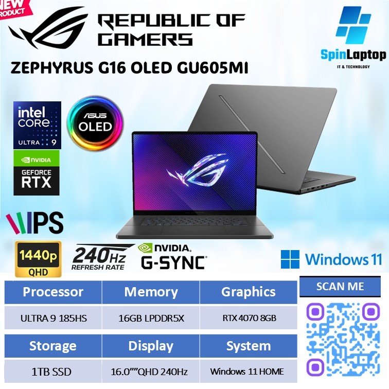 ASUS ROG Zephyrus G16 OLED GU605MI Intel Ultra 9-185H RTX4070 8GB | Laptop AI Gaming & Creator