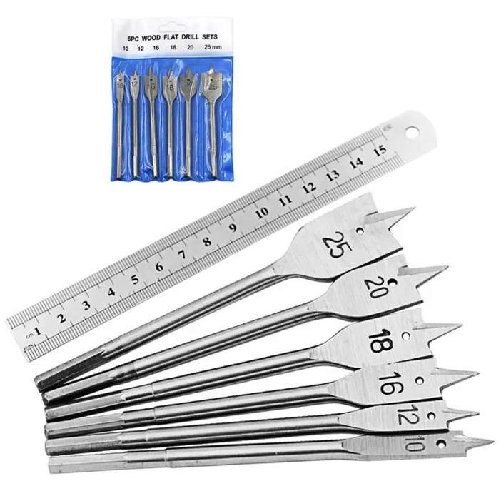 6 Pcs Mata Bor Spade Kayu – Flat Drill Set Baja Karbon Tinggi untuk Pengeboran Lubang Besar Mata Bor