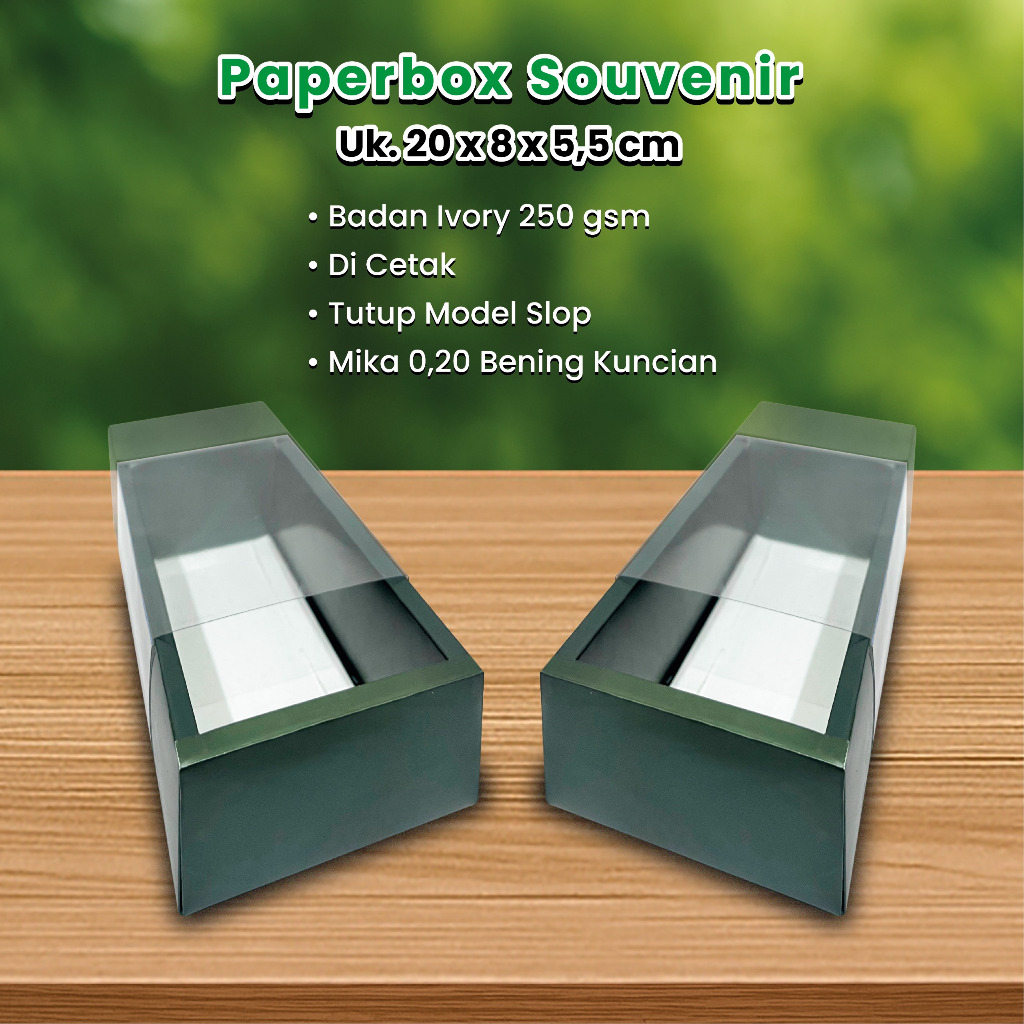 

Box Souvenir Uk. 20 x 8 x 5.5 Badan Hijau + Slop Bening Tebal 0.20 Kuncian