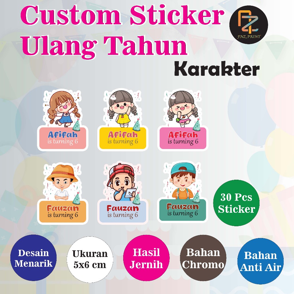 

30pcs vynil anti Sticker Ulang Tahun Anak Sticker Karakter Birthday Sticker Anak souvenir STICKER CUSTOM ULANG TAHUN