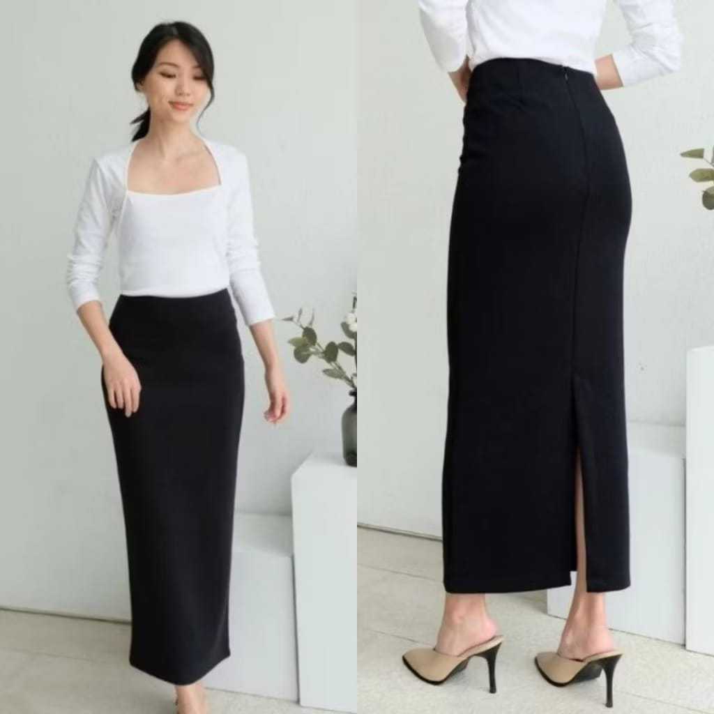 Rok Span Kerja Wanita Rempel Belakang Bahan scuba Stretch Premium Pinggang Karet cocok untuk ootd/ke