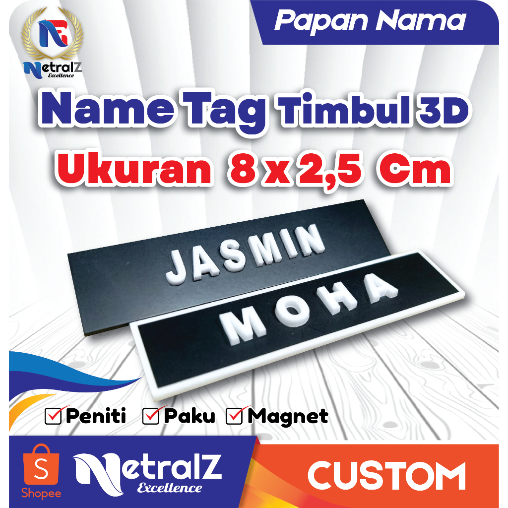 

Name Tag TIMBUL 3D 8x2,5 cm / Bahan Acrilik Magnet, Peniti, Paku / Nametag Custom