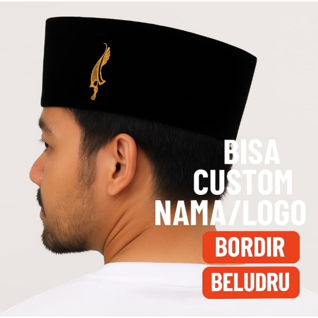 Peci Bordir Nama / logo kujang Songkok Hitam Anak & Dewasa Premium