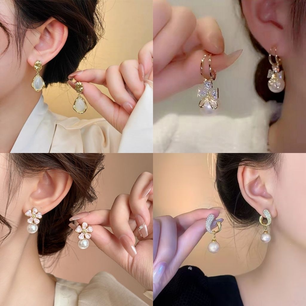 Anting Titanium Panjang Rumbai Desain Bunga Mutiara Fashion Wanita