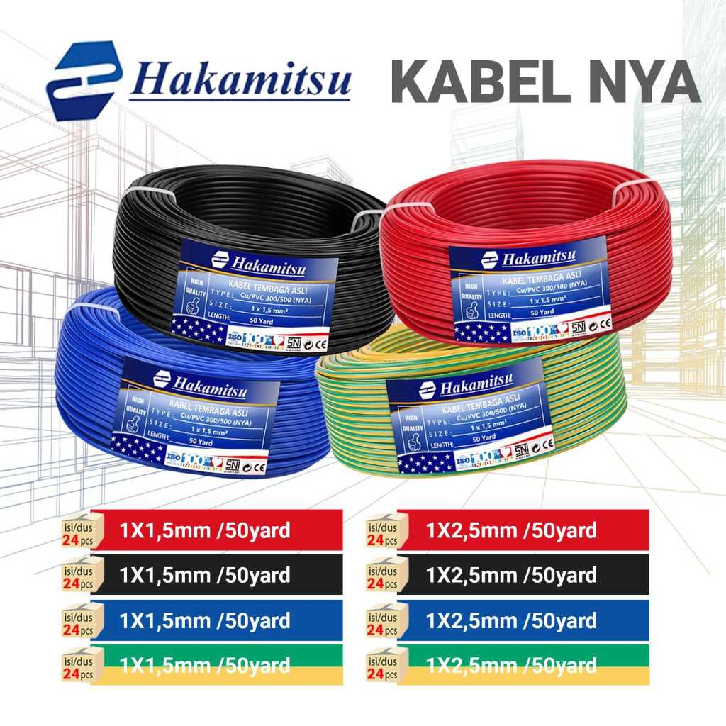 Kabel Hakamitsu Kawat NYA 1 x 1,5mm 50 Yard Full / Kabel Listrik Tembaga Murni PVC SNI /  - Merah 1x