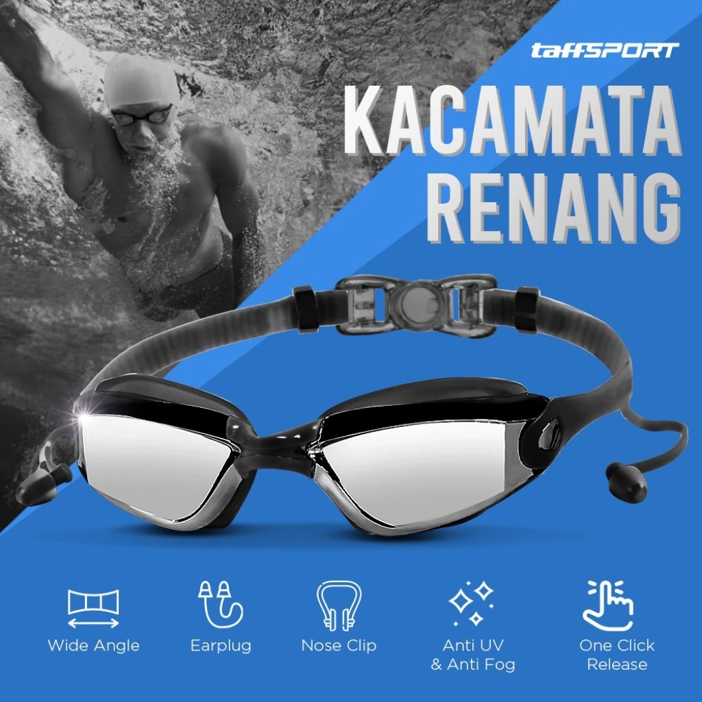 Kacamata renang unisex + ear plug free anti UV tali silicon elastis / HI-SPORT kaca mata renang