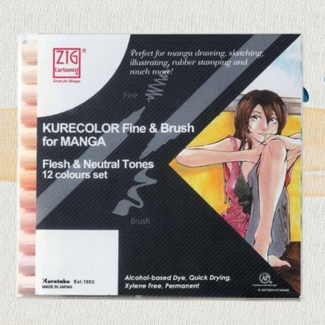 

Zig Kurecolor Fine & Brush for Manga Original Made in Japan Spidol Sketsa Set 12 Flesh & Neutral Tones
