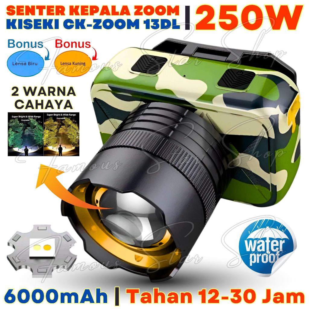 KISEKI ZOOM SENTER KEPALA 250 WATT TAHAN 30 JAM  2 LED LASER BEDA WARNA | Senter Kepala Zoom 2 Cahay