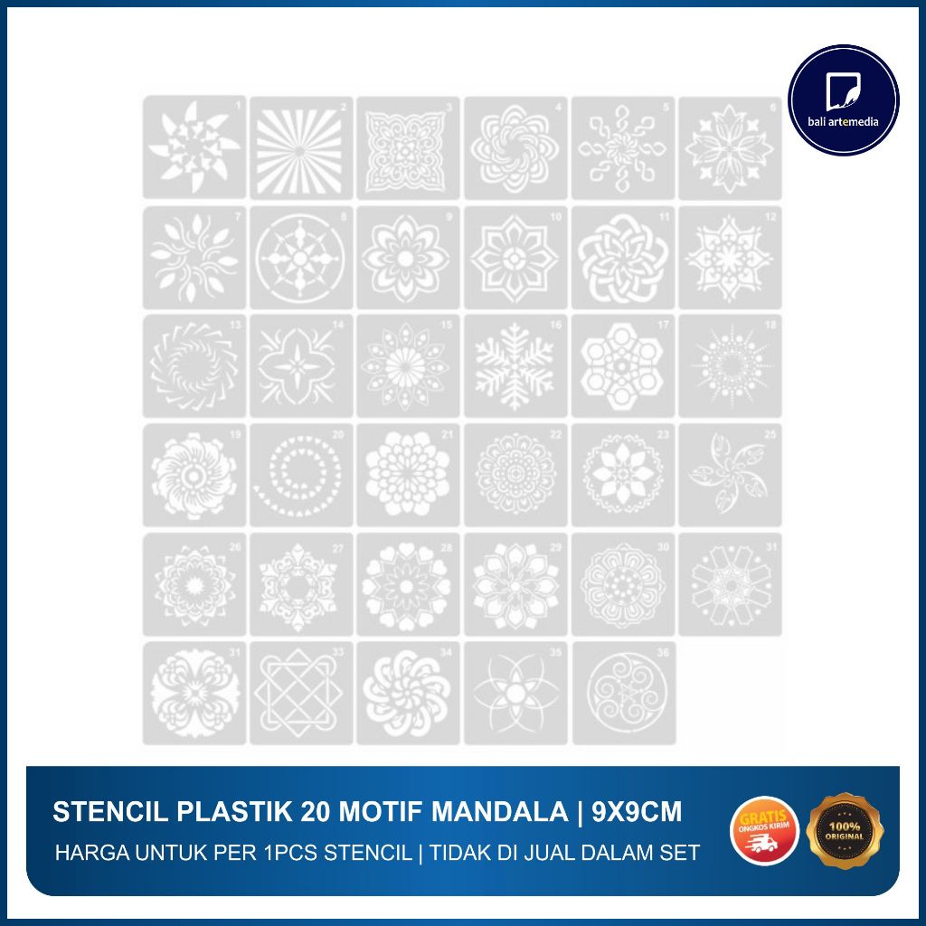 

Plastik Stensil Motif Mandala Dekoratif 9x9cm - Harga untuk 1pcs Stensil - Bali Artemedia