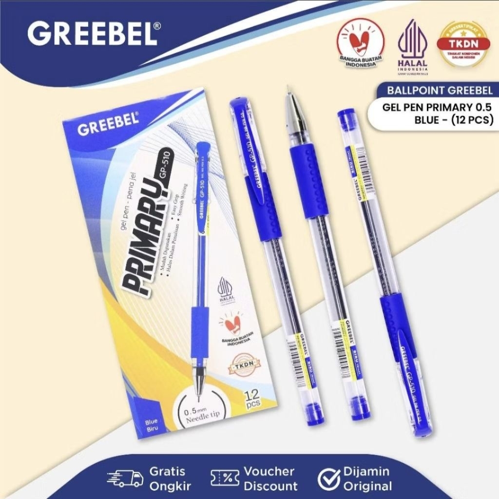 

GREEBEL GEL PEN GP-510 BLUE PRIMARY 0.5 / Ballpoin / Pulpen Gel Greebel (1 pack 12 pcs)
