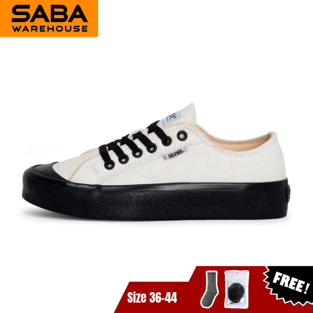 SABA Basic Off White Black - Free Kaos Kaki & Tali - Sepatu Sneakers Casual Pria Wanita Original 100