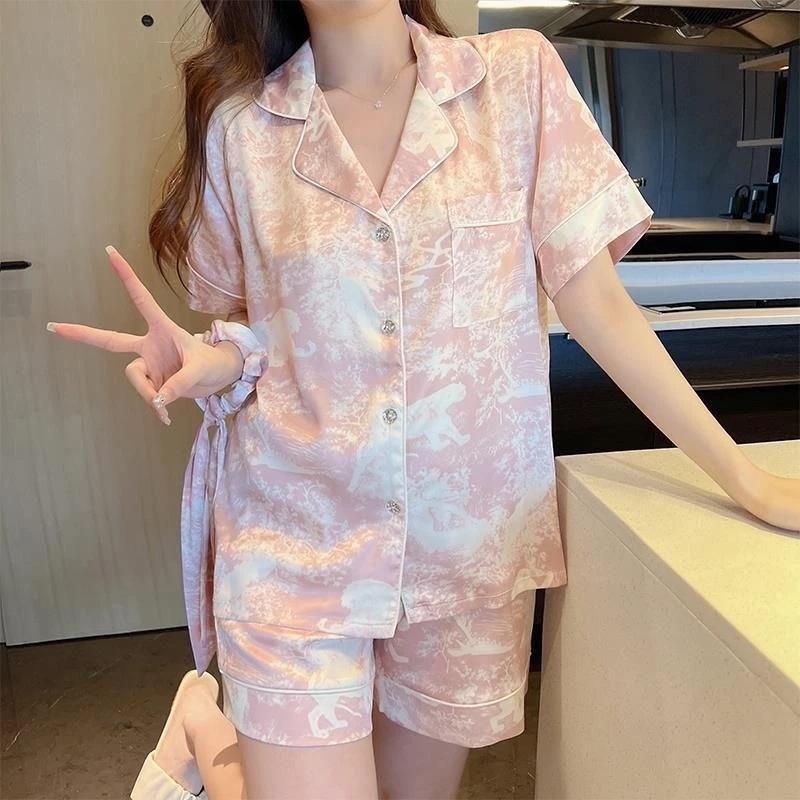 Set Piyama Wanita Bahan Ice Silk - Kaos Lengan Pendek + Celana Pendek untuk Rumah,one set one set wa