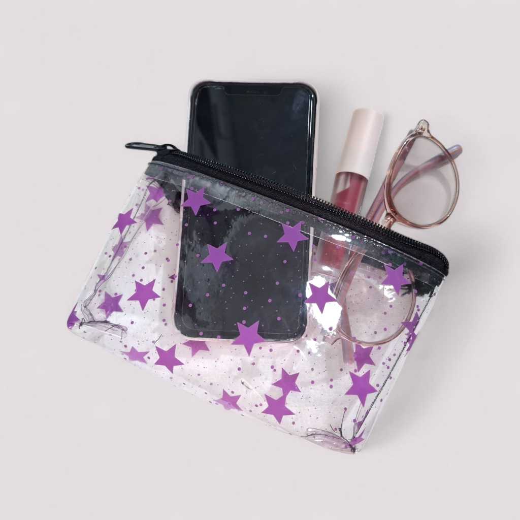 Pouch Kosmetik Transparan Tas Make Up Transparan bahan Mika PVC Motif Warna Ungu Tas Kosmetik Transp