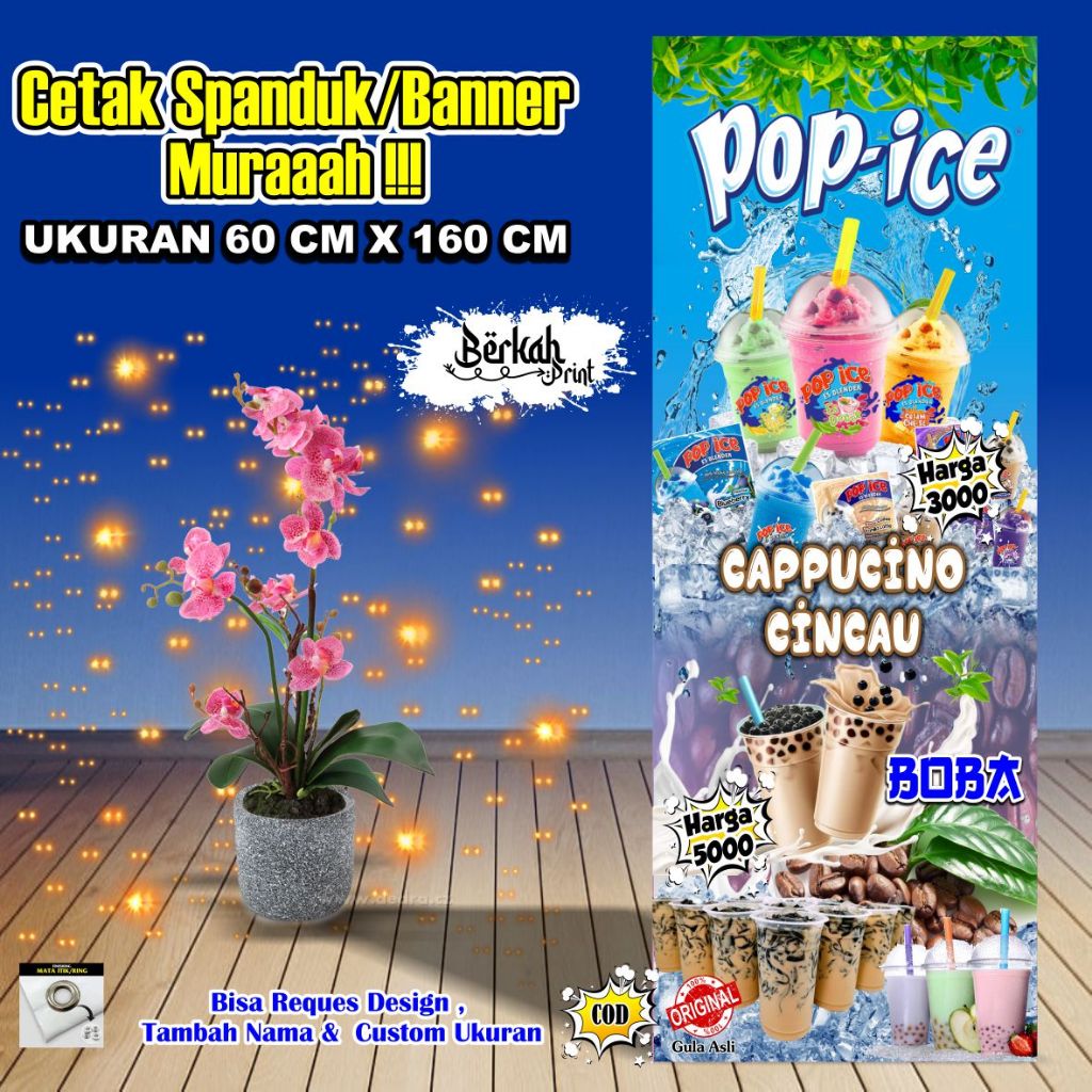 Spanduk Banner Pop Ice Boba & Cappucino Cincau Ukuran 60 cm x 160 cm