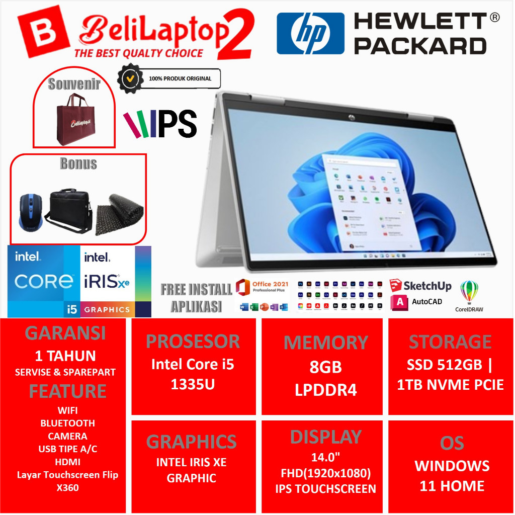 Best Seller laptop Touchscreen HP PAVILION FLIP X360 14 intel core i5 Gen 13 8GB 1TB Full Hd IPS