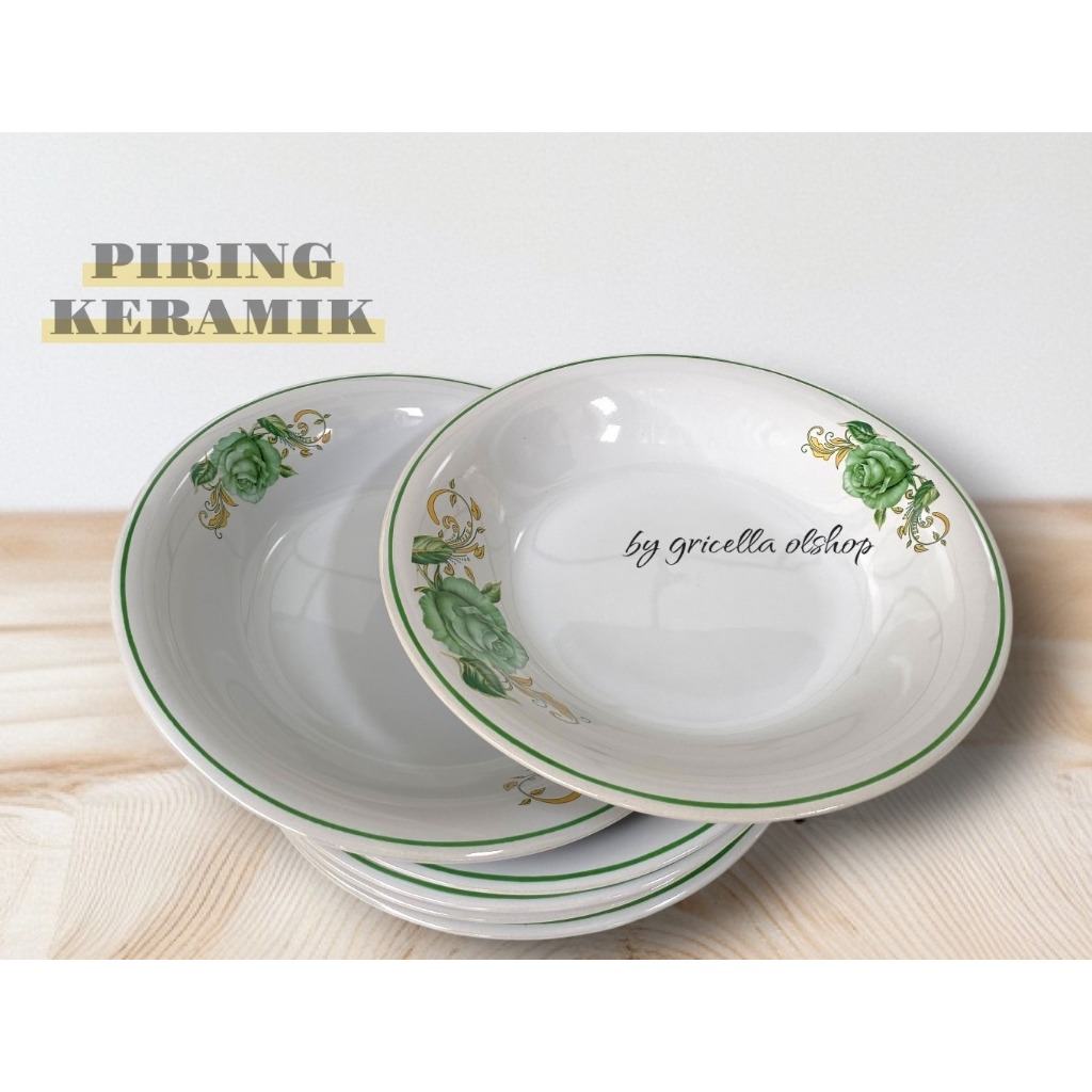3 PCS PIRING MAKAN KERAMIK MOTIF BUNGA HIJAU MUDA DIAMETER 9 INCHI / 23 CM TERLARIS