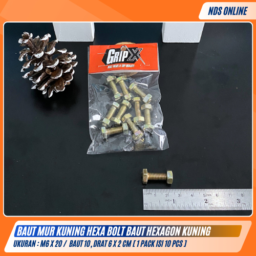 Baut Mur Kuning Hexa Bolt M6x20 Baut & Mur Hexagon Drat 6x2cm / Baut 10 [ 1 Pack Isi 10 Pcs ]