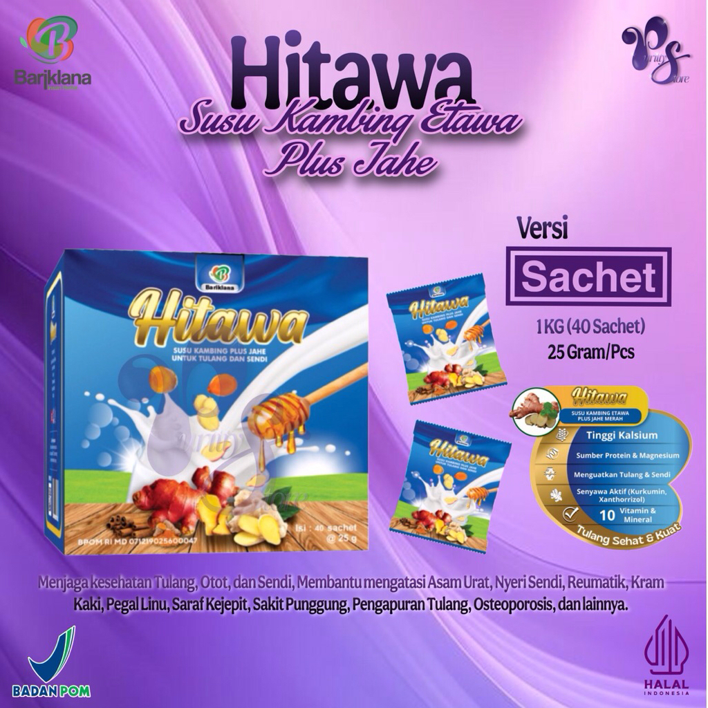 

Hitawa (Sachet)| Susu Kambing Etawa Premium Plus Herbal Jahe Merah, Kunyit, Temulawak, Madu, dan Kayu Manis Mengatasi Nyeri Sendi dan Otot