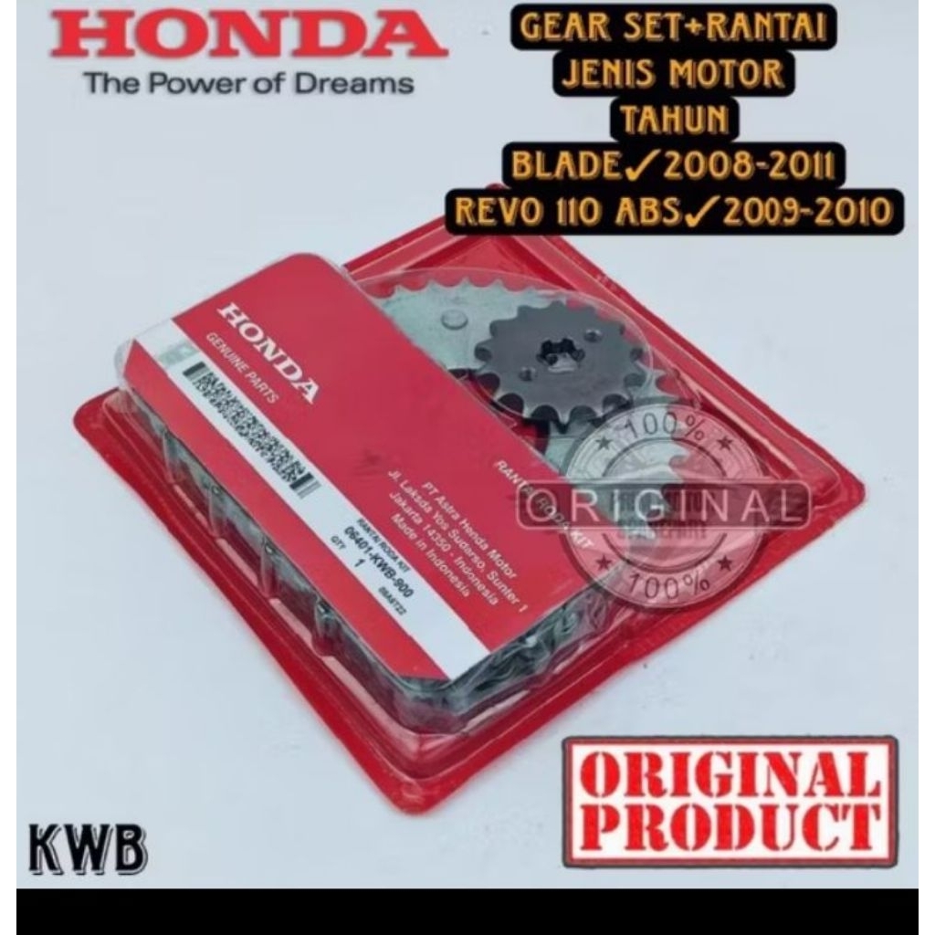 GEAR SET PLUS RANTAI KWB/KWW ORIGINAL HONDA BLADE 2008 - 2011, REVO 110 ABS 2009-2010 GEAR SET KWB/K